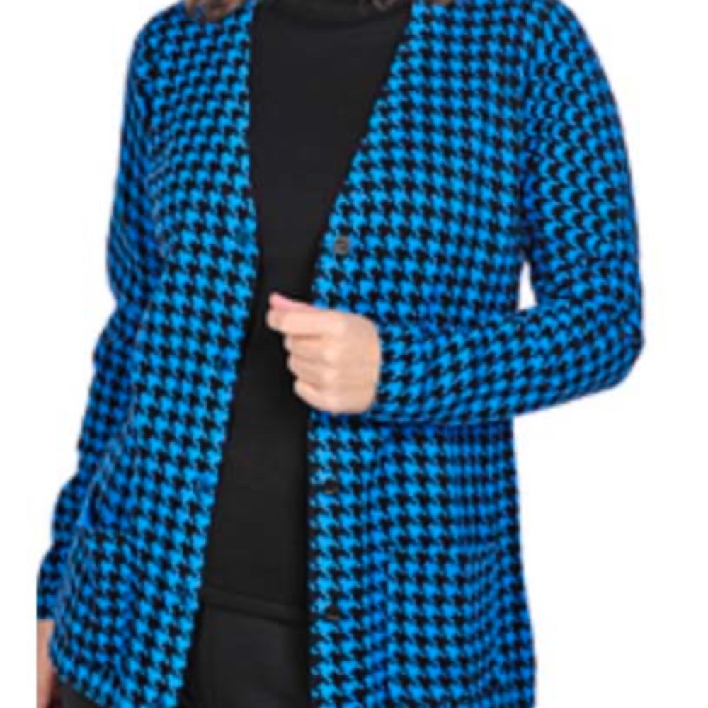 HOUNDSTOOTH KNIT JACKET, JOAN RIVERS, BLACK/BLUE, SIZE 3X, NO COLLAR, LONG SLEEV